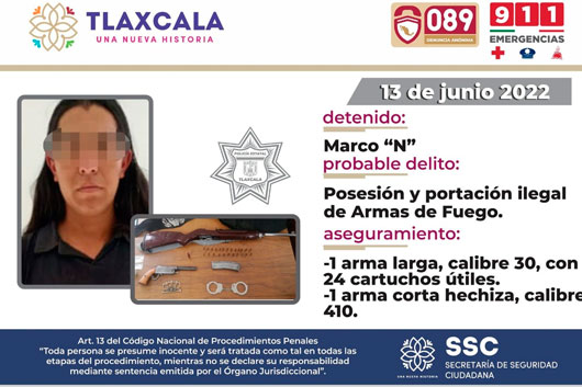 La SSC detiene en Tetla a dos personas por la portación ilegal de arma de fuego