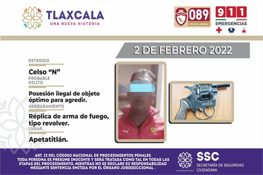 La SSC detiene en Apetatitlán a una persona con una réplica de arma de fuego 