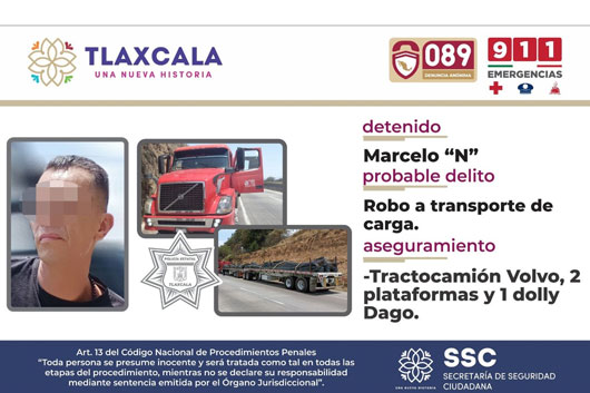 SSC detiene en Calpulalpan a presunto responsable de robo a transporte de carga 