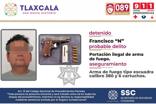 SSC detiene en Apizaco a presunto responsable de portación ilegal de arma de fuego