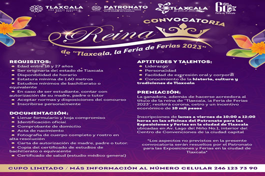 Abierta, convocatoria para elegir a reina de “Tlaxcala, la feria de ferias 2023”