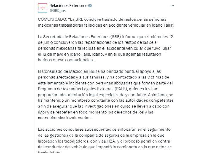 Concluye repatriación de seis víctimas de accidente en Idaho Falls