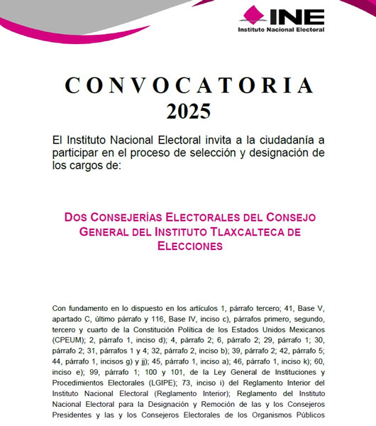 Convoca INE a concursar dos consejerías del instituto tlaxcalteca de elecciones 