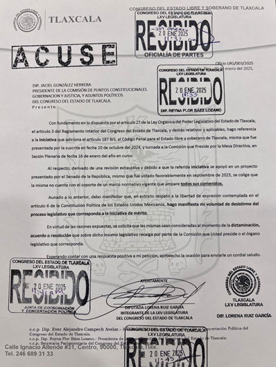 Presenta Lorena Ruiz, oficio de desestimiento de iniciativa   