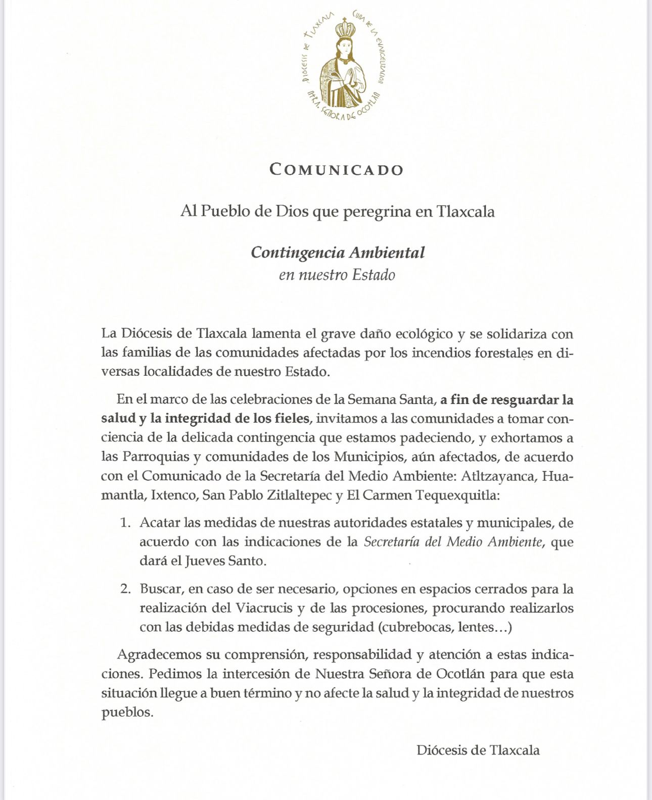 La Diócesis de Tlaxcala lamentó el daño ecológico por los incendios forestales