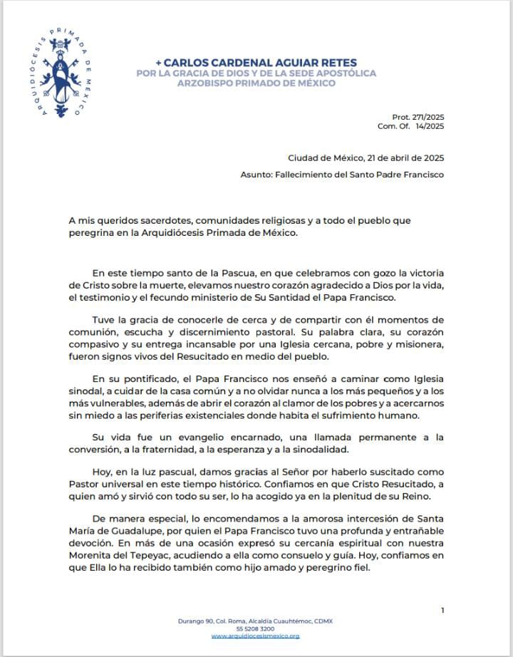  Habrá una ceremonia en la Basílica de Guadalupe  para orar por el descanso del Papa Francisco.
