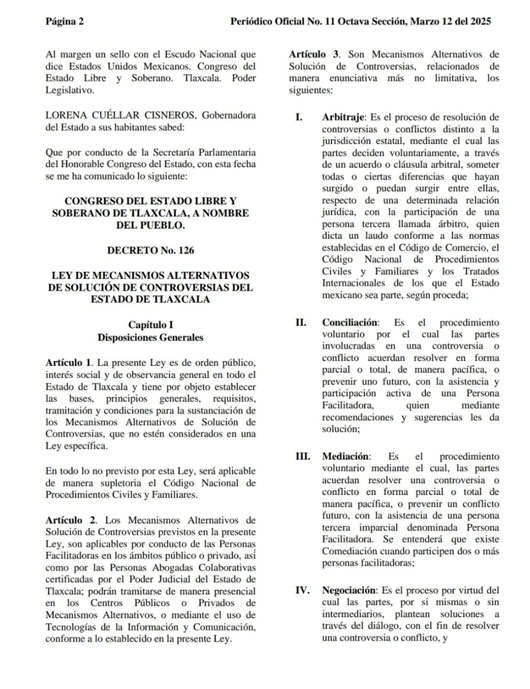 Publica gobierno estatal la ley de mecanismos alternativos de solución de controversias del estado de Tlaxcala
