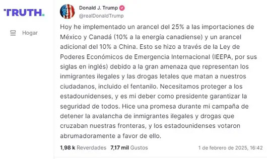 Trump firma órdenes que imponen aranceles a importaciones de México, Canadá y China