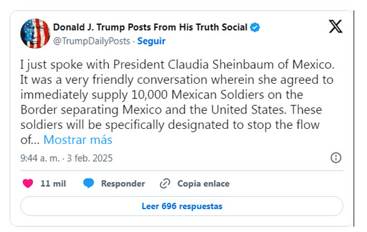 Confirma Trump pausa de tarifas tras llamada con Sheinbaum