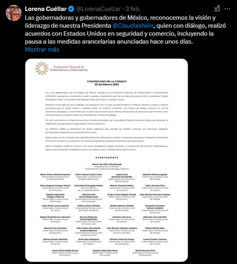 Reconoció gobernadora Lorena Cuéllar labor de la presidenta Claudia Sheinbaum 