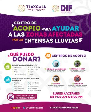 SEDIF Tlaxcala abre centros de acopio para apoyar a familias afectadas por inundaciones 
