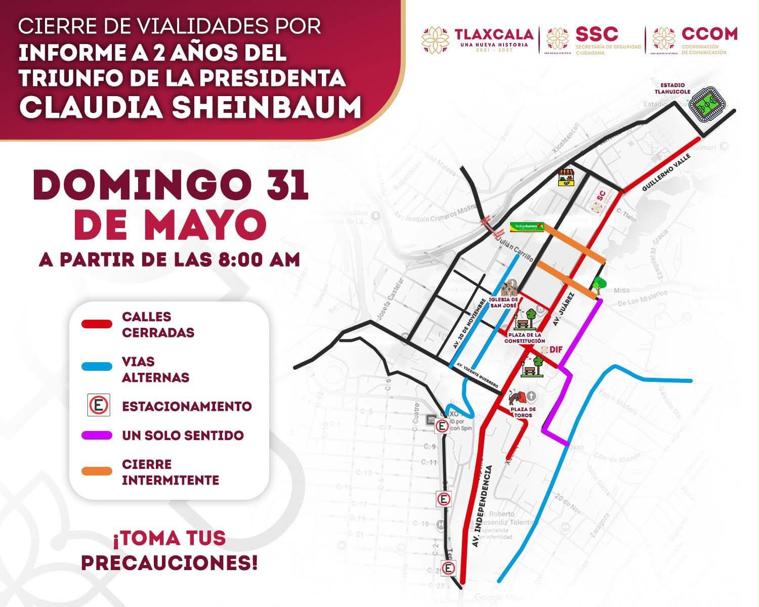Ajustes viales temporales en el centro de Tlaxcala por informe presidencial