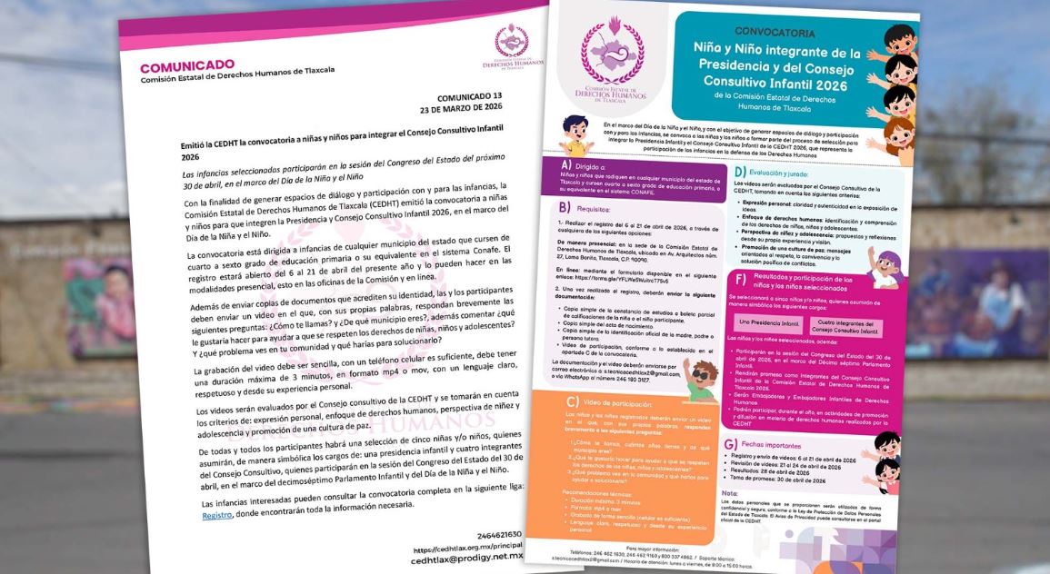 Emitió la CEDHT la convocatoria a niñas y niños para integrar el Consejo Consultivo Infantil 2026